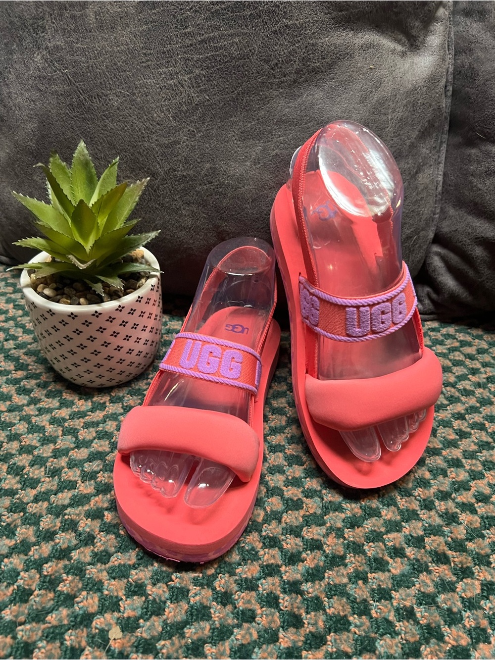 UGG Coral-Pink Slide Sandals with Lavender Logo Strap